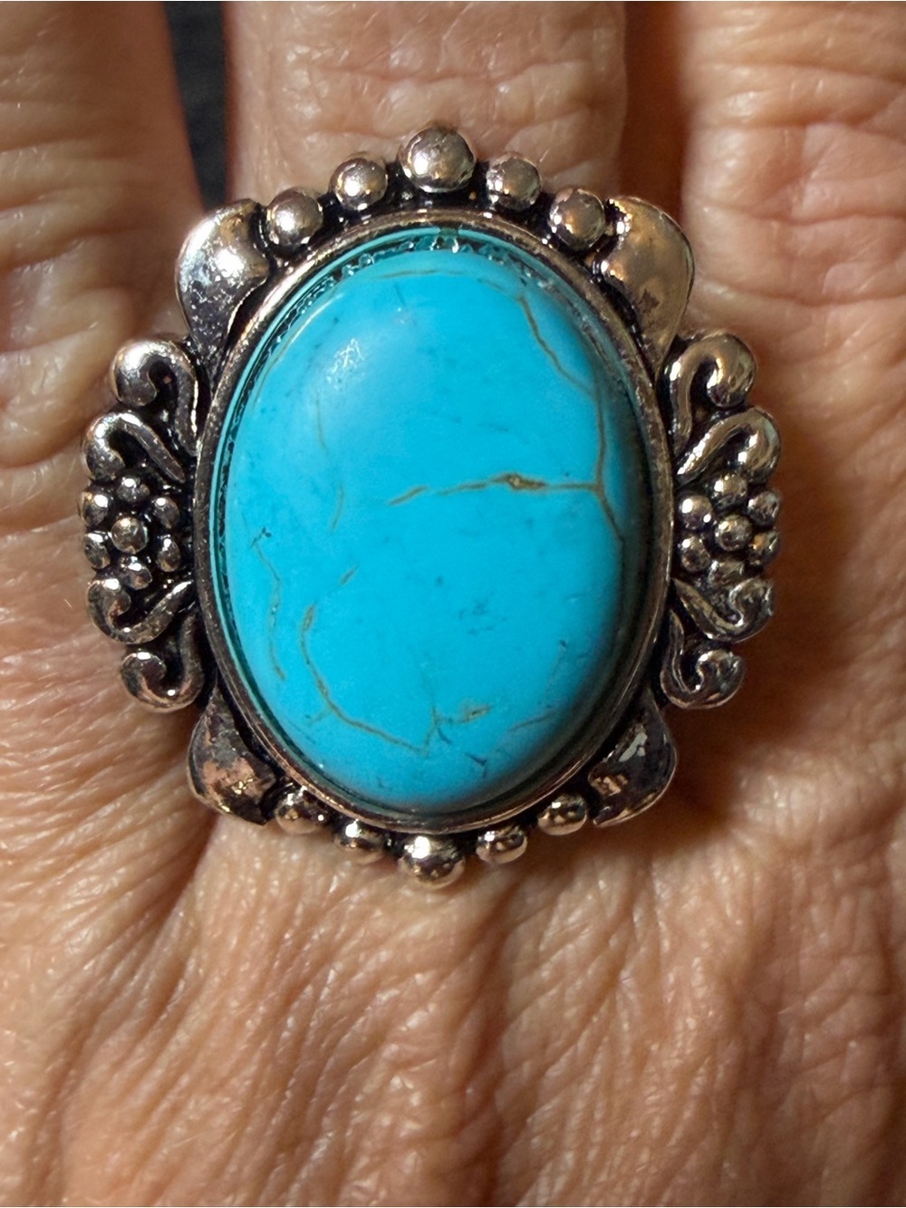 Turquoise Statement Ring Silver Tone Stretch Boho Western Size 7